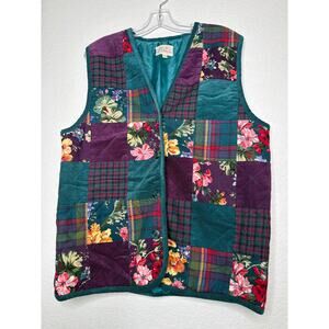 Susan Bristol Quilted Patchwork Vest Teal Floral 90s Women’s  L